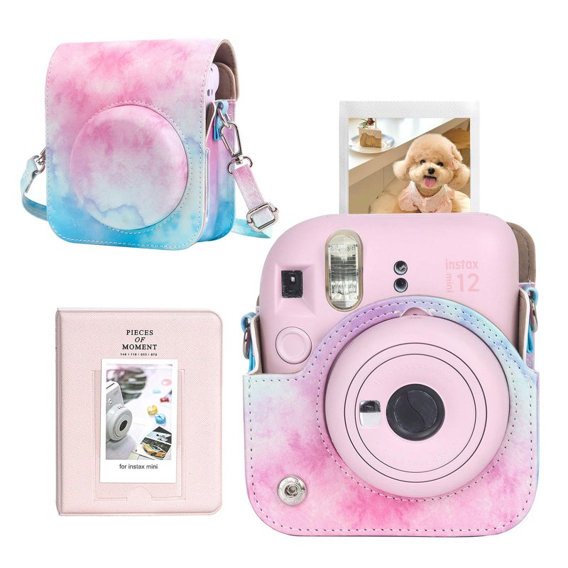 كايول حافظة كاميرا واقية من CAIYOULE لكاميرا Instax Mini 12 الفورية Fuji Mini 12 حافظة من جلد البولي يوريثان مع حزام كتف قابل للتعديل و64 ألبوم صور جيوب - ألوان مائية زرقاء وردية - Image 1